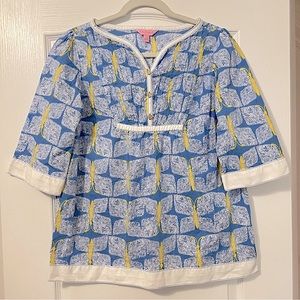 Lilly Pulitzer Y2K Blue and Yellow Butterfly Peasant Tunic Blouse
